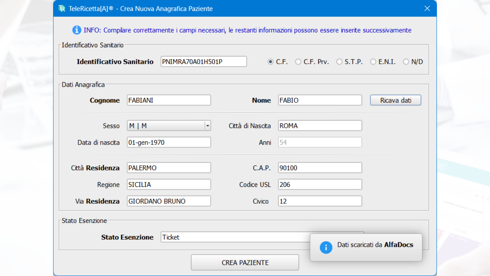 Crea pazienti su TeleRicetta usando i dati già presenti su AlfaDocs